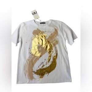 Zara White Graphic Tee Gold Foil Abstract Print NWT